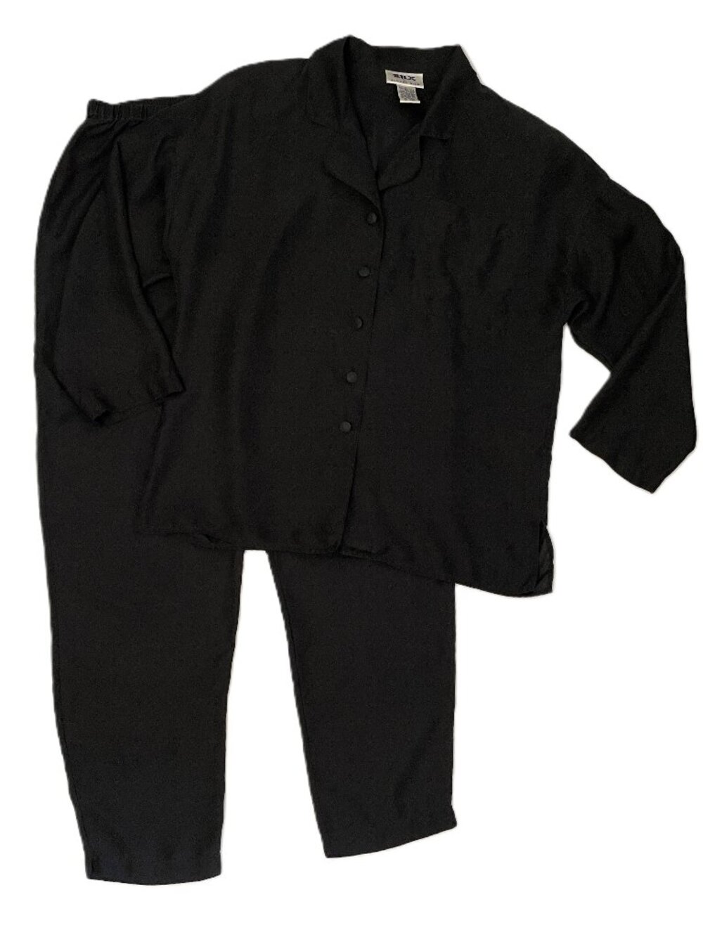 Vintage SILX 100% Silk Two-Piece Set Top Pants Large 90s Black Shoulder Pads
